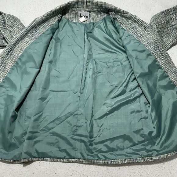 David N. Women's 8 Pure Silk Blazer Jacket Open Front Tweed Green Striped Coat - Picture 9 of 12